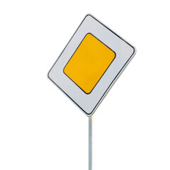 Road sign main road sign with yellow background isolated on white background right view.