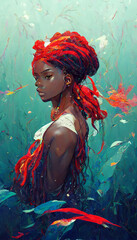  Painting of beautiful mermaid-vibe African American with red hair