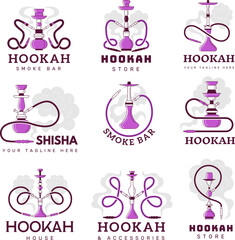 Wall Mural - Hookah labels. Smoking lounge club in oriental arabian style logo recent vector hookah stylized pictures