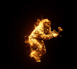 Wall Mural - Fiery paintball sport player in protective uniform playing with gun outdoors, digital art on black background