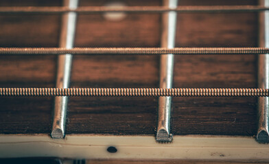 Wall Mural - Acoustic guitar neck, macro shot, guitar detail.