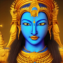 Illustration Closeup Of Lord Shiva Face With Blue Skin Long Hair And Gold Decoration Looking Into Viewer