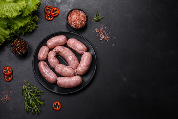 Raw barbecue sausages on a wooden cutting board with spices and herbs