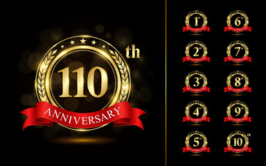 Set of anniversary logotype with golden text. Golden anniversary celebration emblem design for booklet, leaflet, brochure, poster, web, invitation or greeting card. Vector illustration.