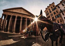 Horse Carriages In Front Of The Pantheon's Facade In Rome, Italy.