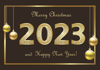 New year banner with christmas balls and golden date 2023 with pattern. Vector illustration