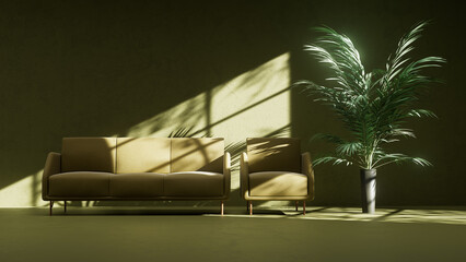 Poster - green 3d render on abstract empry indoor interrior, sofa and chair and plant under sun light and gobo shadows