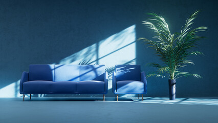 Poster - blue 3d render on abstract empry indoor interrior with sofa and chair lighted by side light from win