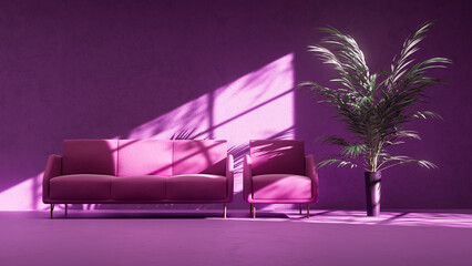 Poster - vibrant 3d render on abstract purple interrior with funitureand plant under the bright light