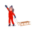 Little boy climbs uphill in the snow, pulls a sled and waves his hand. Outdoor family activities in winter. Rolling down the hill, sledding. Vector illustration in flat style on isolated background.