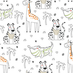  Jungle animal safari seamless cute pattern cover background line art concept. Vector graphic design element illustration