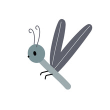 Blue Dragonfly With Delicate Wings Vector Illustration In Flat Scandinavian Style For Stickers, Fabric, Textile, Nursery