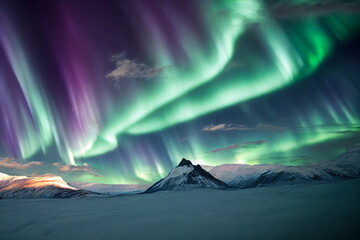 northern lights over snowy mountains. aurora borealis with starry in the night sky. fantastic winter