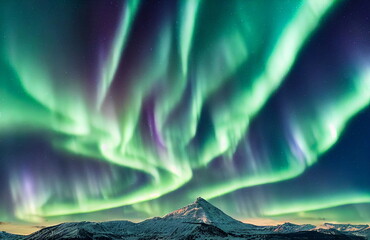 Wall Mural - northern lights over snowy mountains. aurora borealis with starry in the night sky. fantastic winter