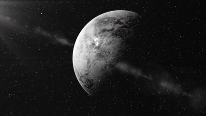 Poster - Rotating cold planet in space. Motion. 3D planet rotates on background of space and flow of particles. Planet rotates with stream of bright particles and beam of light in dark space