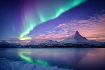 northern lights over lake. aurora borealis with starry in the night sky. fantastic winter epic magic