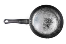 Old Dirty And Scratched Textured Frying Pan Isolated On White With Clipping Path