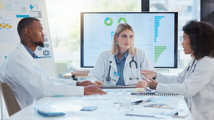 Aufkleber - Doctors, meeting or teamwork collaboration on data paper, infographic digital screen chart or finance funding documents. Communication or medical healthcare people planning hospital surgery insurance