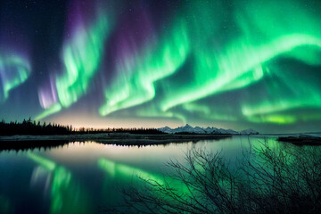northern lights over lake. aurora borealis with starry in the night sky. fantastic winter epic magic