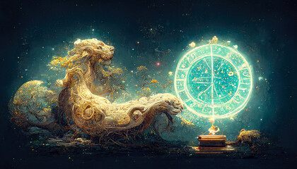 Wall Mural - abstract fantasy neon space landscape. star nebulae, month and moon, mountains, fog. unreal fantasy 