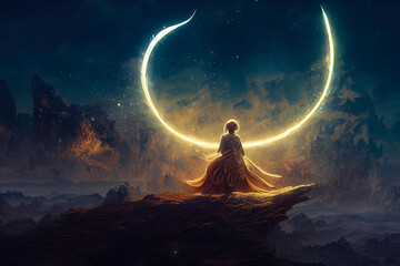 Wall Mural - abstract fantasy neon space landscape. star nebulae, month and moon, mountains, fog. unreal fantasy 