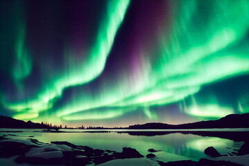 Wall Mural - northern lights over lake. aurora borealis with starry in the night sky. fantastic winter epic magic