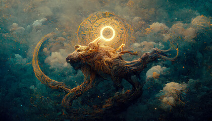 Wall Mural - abstract fantasy neon space landscape. star nebulae, month and moon, mountains, fog. unreal fantasy 