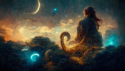 Wall Mural - abstract fantasy neon space landscape. star nebulae, month and moon, mountains, fog. unreal fantasy 