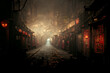 Spooky Night Old Street of Chinatown District 3D Art Mystic Fantasy Illustration. Mysterious Alley of Ancient Town Fairy Tale Background. Oldtown Scary Place AI Neural Network Generated Art Wallpaper