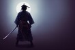 Samurai in traditional clothes with sword at moonlight