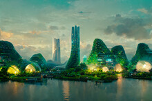 Green Utopia Futuristic City On Coast Of Tropical Sea Lagoon CG Art Illustration. Environment Friendly Sustainable Plant Covered Buildings Sci-Fi Conceptual Background. AI Generated Art Wallpaper