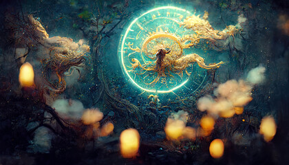 Wall Mural - abstract fantasy neon space landscape. star nebulae, month and moon, mountains, fog. unreal fantasy 