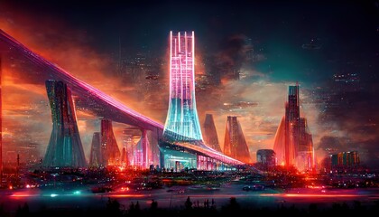 Poster - Illuminated night city with bridge and high-rise buildings