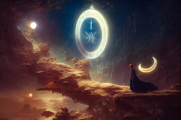 Wall Mural - abstract fantasy neon space landscape. star nebulae, month and moon, mountains, fog. unreal fantasy 