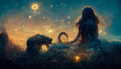Wall Mural - abstract fantasy neon space landscape. star nebulae, month and moon, mountains, fog. unreal fantasy 