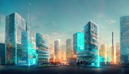 Poster - Futuristic city with high office buildings and pedestrians