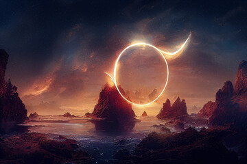 Wall Mural - abstract fantasy neon space landscape. star nebulae, month and moon, mountains, fog. unreal fantasy 
