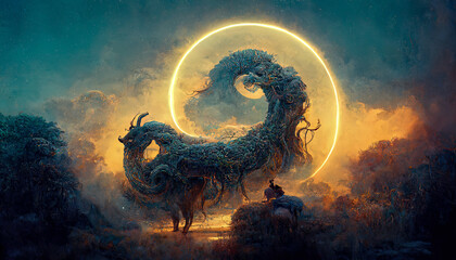 Wall Mural - abstract fantasy neon space landscape. star nebulae, month and moon, mountains, fog. unreal fantasy 