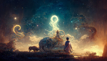 Wall Mural - abstract fantasy neon space landscape. star nebulae, month and moon, mountains, fog. unreal fantasy 