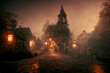 Leinwandbild Motiv Mystical Autumn Night in the Old Ghost Village 3D Art Illustration. Small Old Town Creepy Misty Street with Lights and Weird Houses Halloween Background. AI Neural Network Generated Art Wallpaper