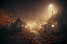 Stone Path Between The Huts Of A Spooky Mystical Village At Autumn Night 3D Art Illustration. Halloween Mysterious Ghost Land Fantasy Background. Witch House AI Neural Network Generated Art Wallpaper
