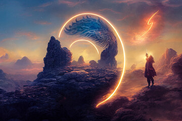 Wall Mural - abstract fantasy neon space landscape. star nebulae, month and moon, mountains, fog. unreal fantasy 