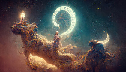 Wall Mural - abstract fantasy neon space landscape. star nebulae, month and moon, mountains, fog. unreal fantasy 