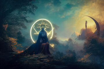 Wall Mural - abstract fantasy neon space landscape. star nebulae, month and moon, mountains, fog. unreal fantasy 
