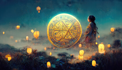 Wall Mural - abstract fantasy neon space landscape. star nebulae, month and moon, mountains, fog. unreal fantasy 