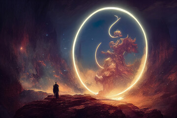 Wall Mural - abstract fantasy neon space landscape. star nebulae, month and moon, mountains, fog. unreal fantasy 