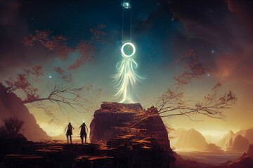Wall Mural - abstract fantasy neon space landscape. star nebulae, month and moon, mountains, fog. unreal fantasy 