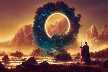 Wall Mural - abstract fantasy neon space landscape. star nebulae, month and moon, mountains, fog. unreal fantasy 