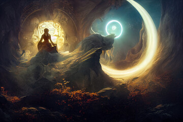 Wall Mural - abstract fantasy neon space landscape. star nebulae, month and moon, mountains, fog. unreal fantasy 