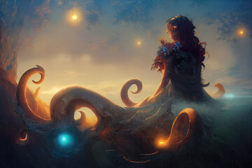 Wall Mural - abstract fantasy neon space landscape. star nebulae, month and moon, mountains, fog. unreal fantasy 